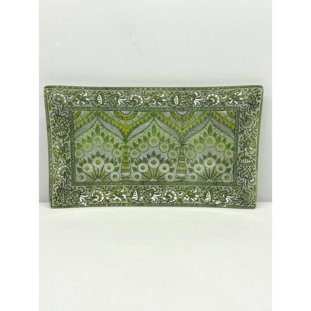 Pottery Barn Green Silver Floral Glass Decorative Tray Rectangular Platter